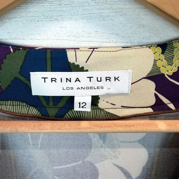 Trina Turk Silk Floral V Neck Empire Waist Dress Boho Chic Sz 12 Retro Boho - Picture 12 of 13